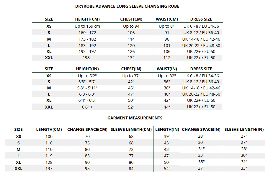 2025 Dryrobe Advance Long Sleeve Change Robe  Size Chart